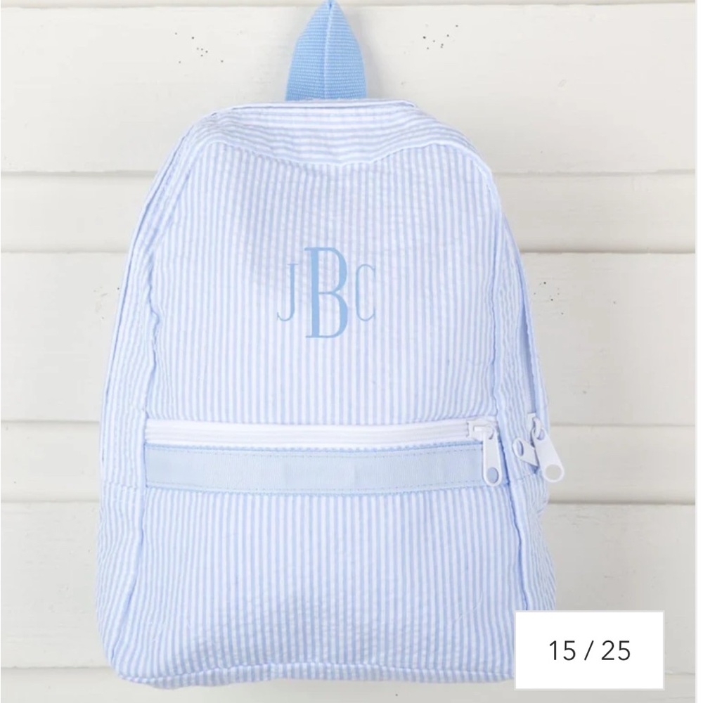 RHETT monogram - baby blue seersucker / striped kids backpack